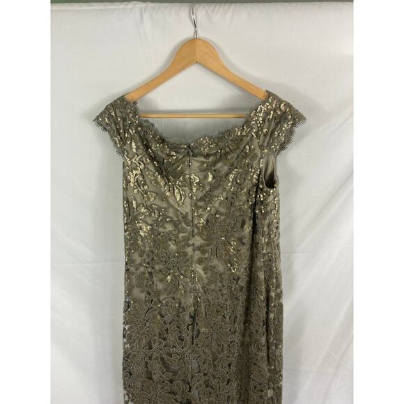 Tadashi Shoji Pailette Embroidered Lace Off Shoulder Gown - Picture 8 of 10